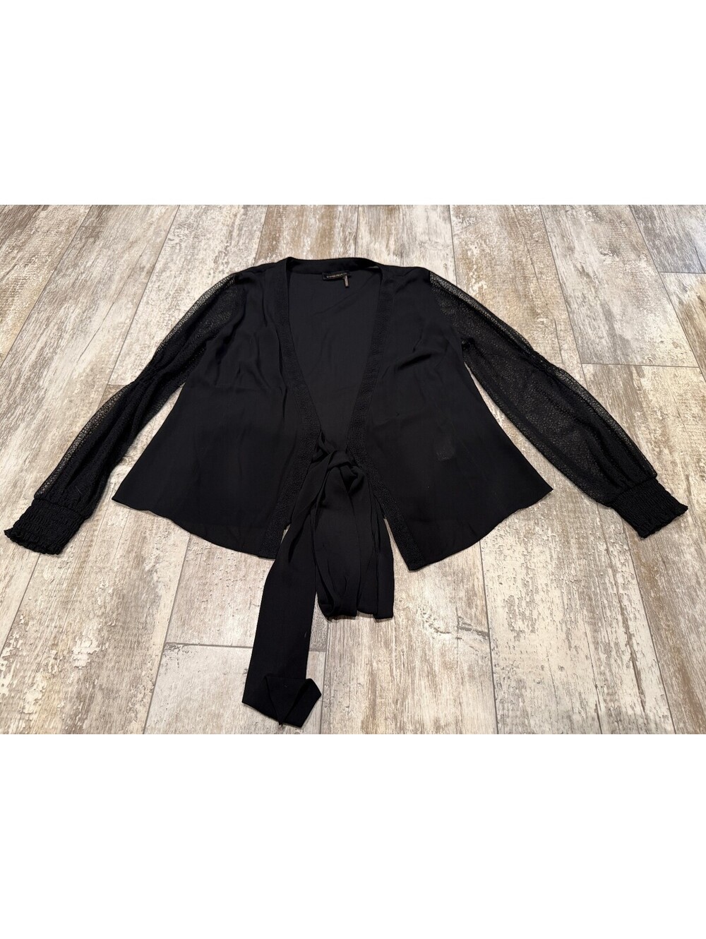 Donna Karan New York Black Wrap Blouse Sheer Sleeve Designer